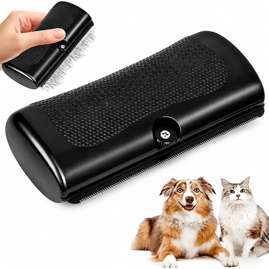 The black Noblias deshedding brush held in one hand, with the fine metal blade running along its edge and a dog and a cat behind it.