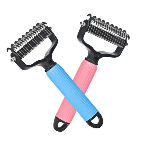 The Noblias double-sided detangling comb shown in both colors, one with a blue handle and one with a pink handle.