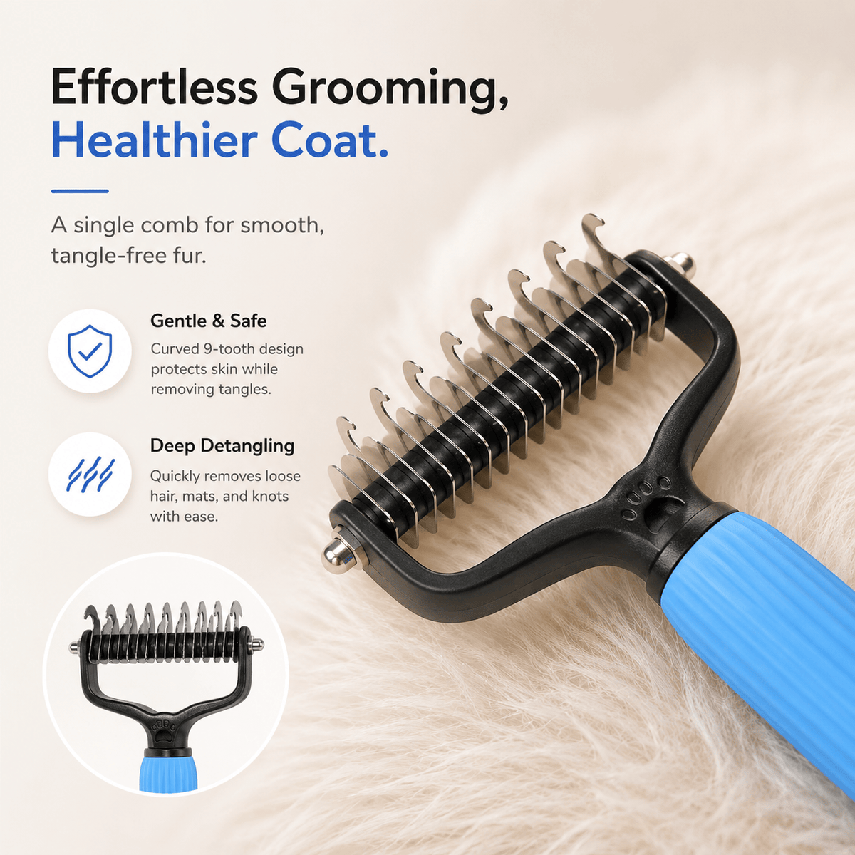 The Noblias detangling comb on a white fur rug, labeled for its curved nine tooth design and its deep detangling side.