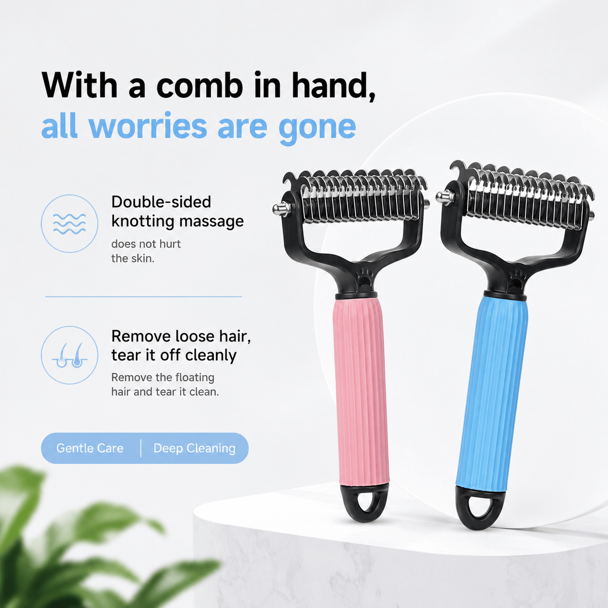 The two sides of the Noblias detangling comb explained, one for working knots open with a massaging action and one for tearing loose hair away cleanly.