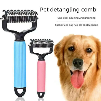 The blue and pink Noblias detangling combs beside a golden retriever, presented as one comb for both cat hair and dog hair.