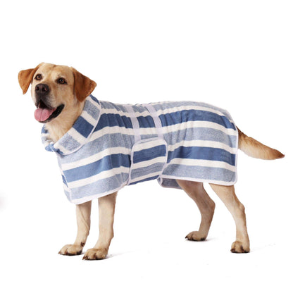 Golden retriever wearing the blue striped Noblias quick dry dog bathrobe, shown from the side against a white background.