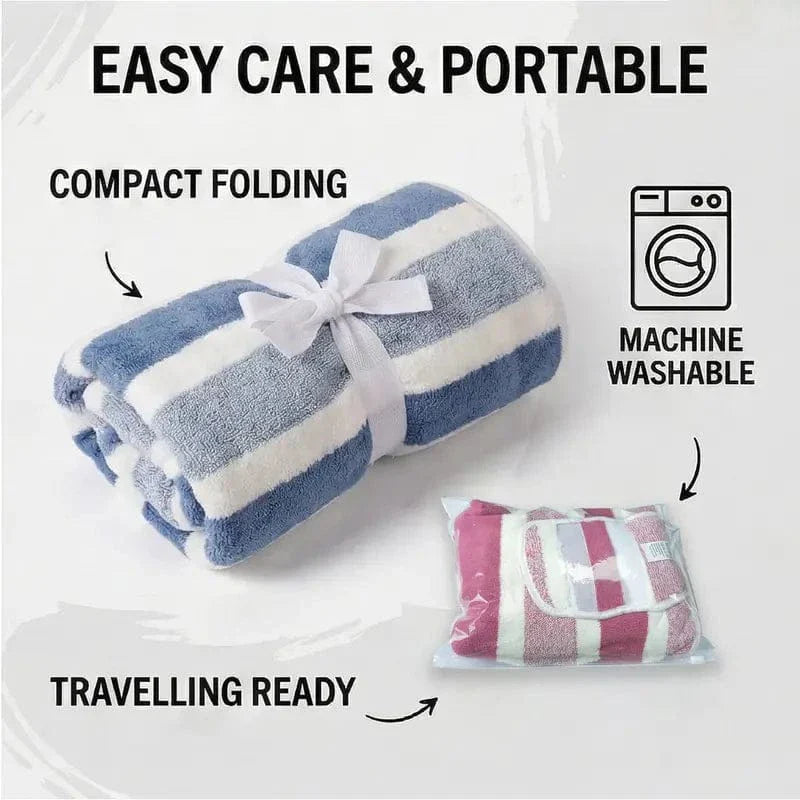The Noblias dog bathrobe folded into a compact bundle beside its zip travel pouch, labeled machine washable and travel ready.
