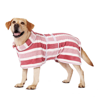 Golden retriever wearing the red striped Noblias quick dry dog bathrobe, shown from the side against a white background.