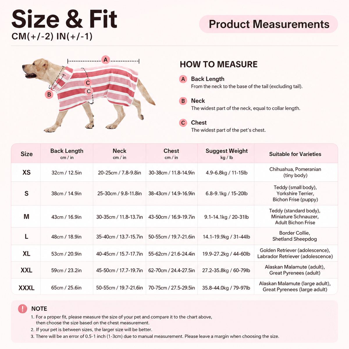Size chart for the Noblias dog bathrobe covering XS to XXXL with back length, neck, chest and suggested weight in centimeters, inches, kilograms and pounds, plus example breeds.