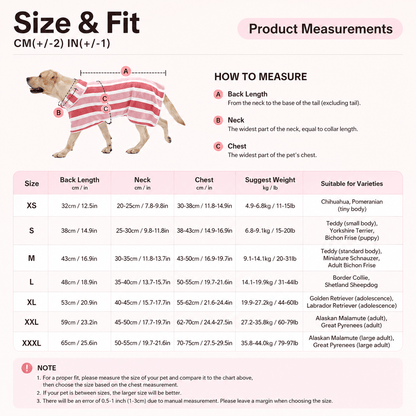 Size chart for the Noblias dog bathrobe covering XS to XXXL with back length, neck, chest and suggested weight in centimeters, inches, kilograms and pounds, plus example breeds.
