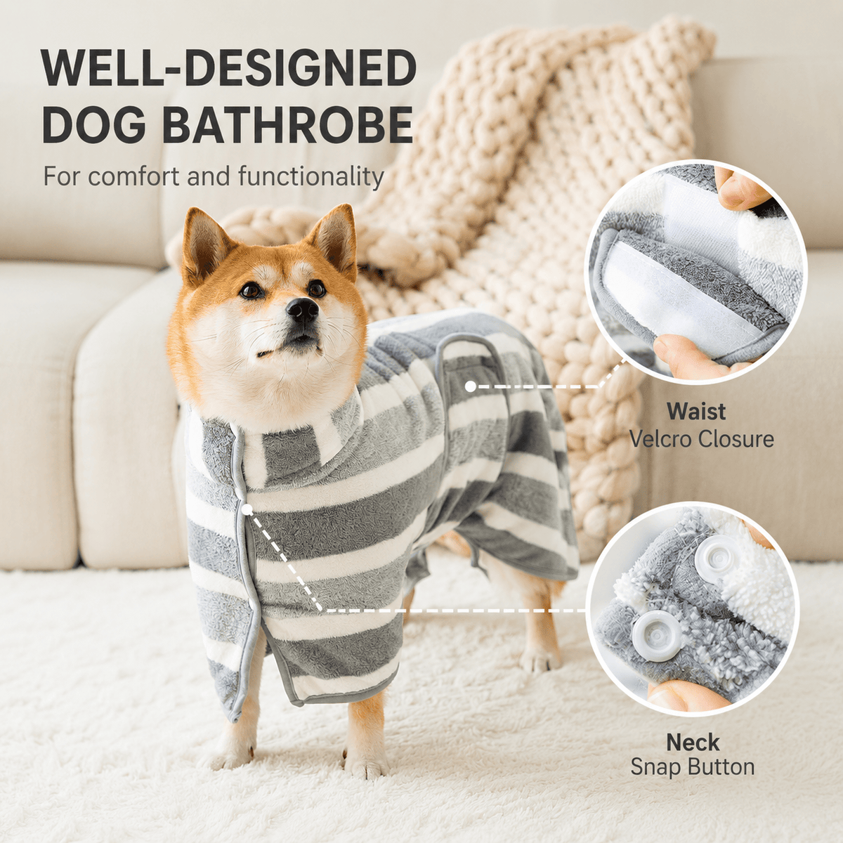 The Noblias dog bathrobe on a shiba inu with close ups of its adjustable Velcro waist closure and flat snap button at the neck.
