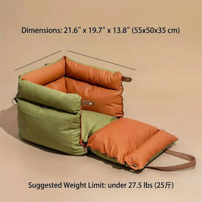 Dimension diagram for the Noblias dog car seat bed giving 21.6 by 19.7 by 13.8 inches and a limit of dogs under 27.5 pounds.