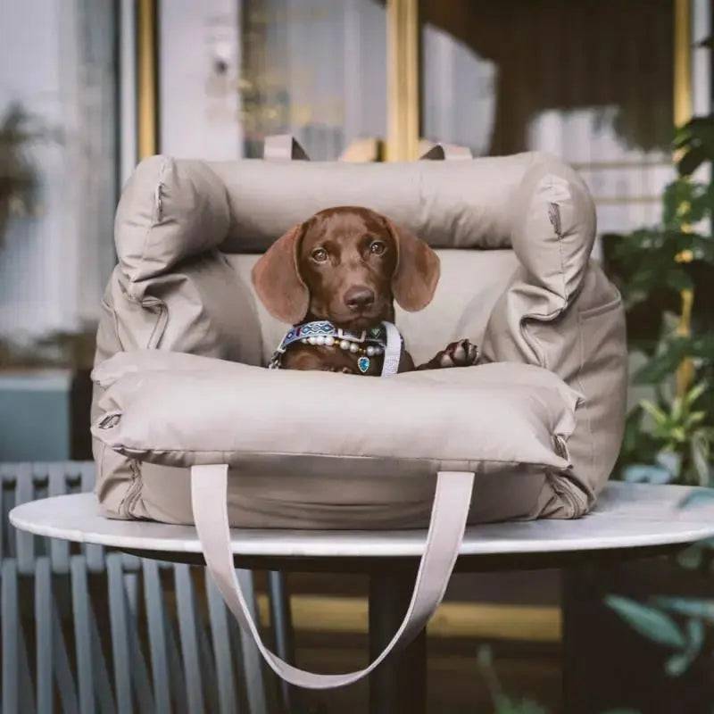 The gray Noblias dog car seat bed with its leather carry handles upright and a dachshund lying inside.