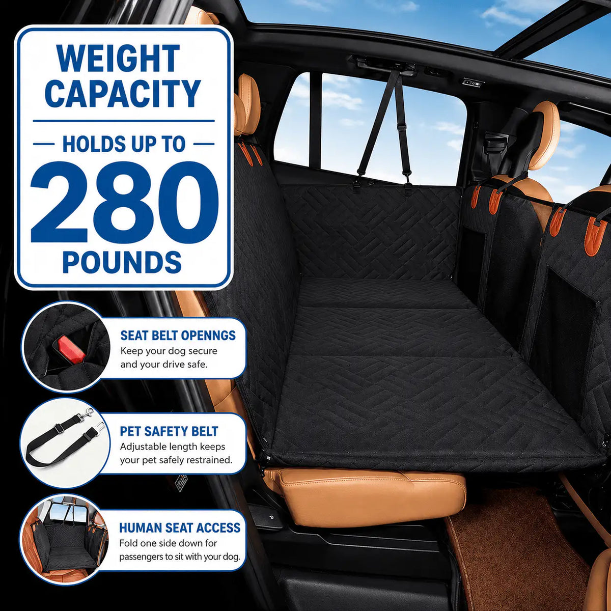 Capacity panel for the Noblias dog car seat extender showing it holds up to 280 pounds, with seat belt openings, a pet safety belt and human seat access.