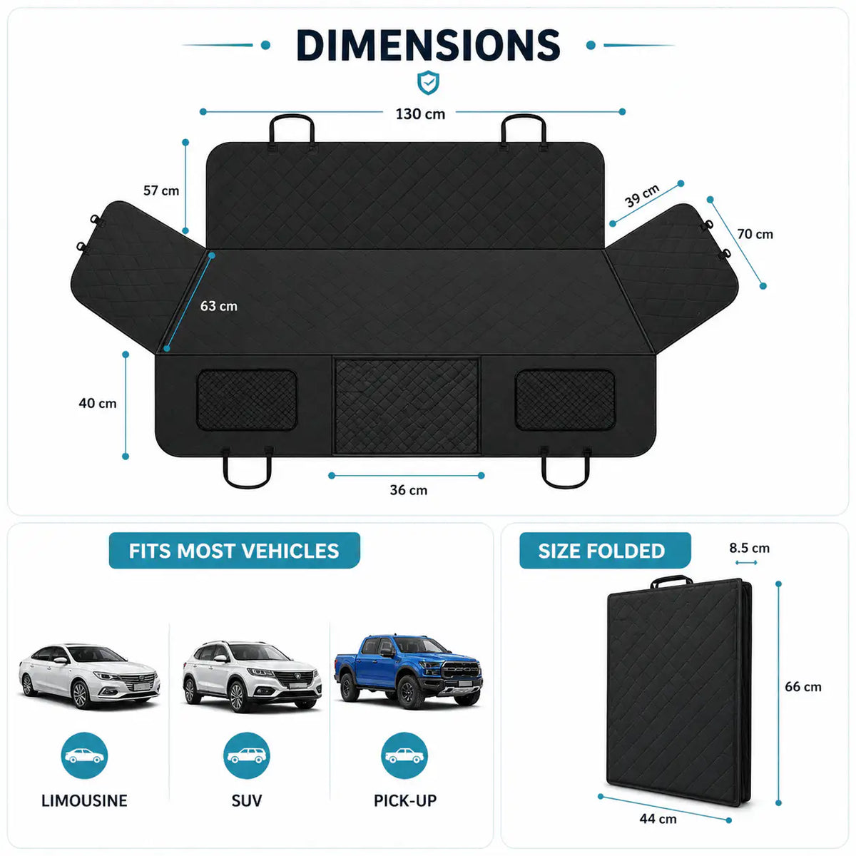 Dimension diagram for the Noblias dog car seat extender laid flat, with its side panels and pad shown separately.
