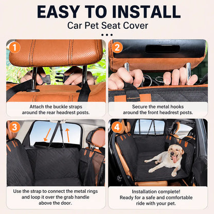 Three installation steps for the Noblias dog car seat extender, hooking the buckle straps over the front and rear headrests.
