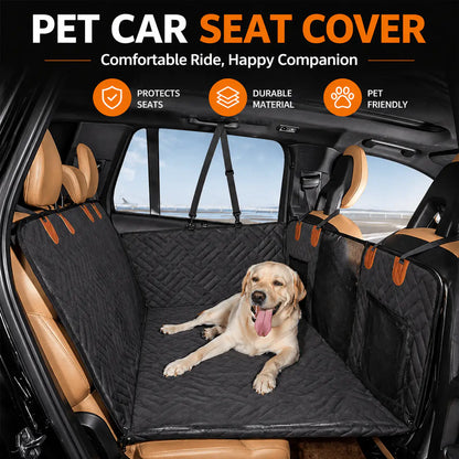 A labrador stretched out on the Noblias dog car seat extender across the back seat of an SUV.