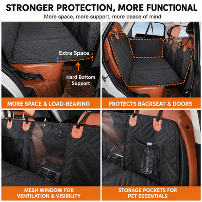 Four panels showing the Noblias dog car seat extender's extra space, hard bottom support, door protection, mesh window and storage pockets.