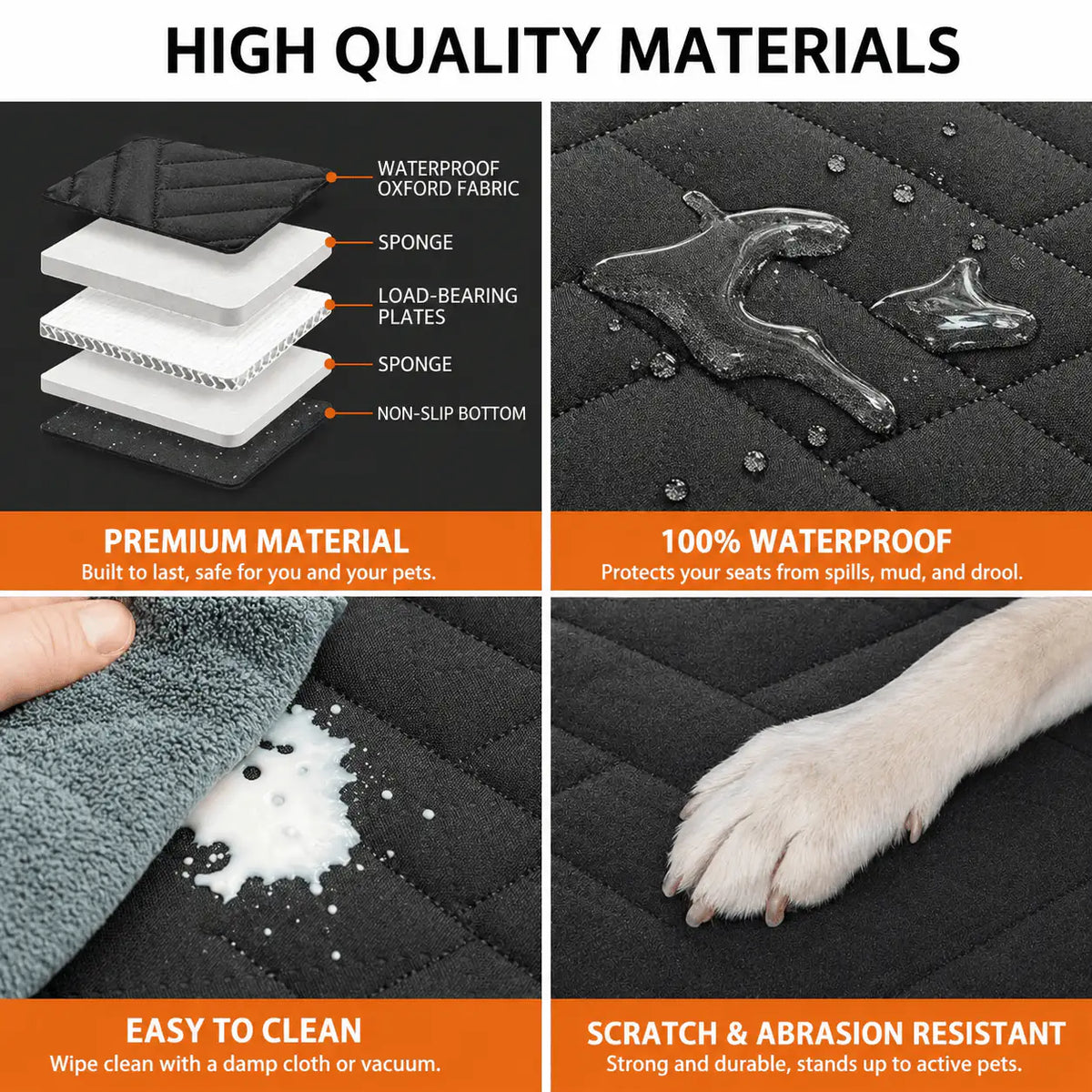 The layered material of the Noblias dog car seat extender shown as premium, fully waterproof, easy to clean and scratch resistant.