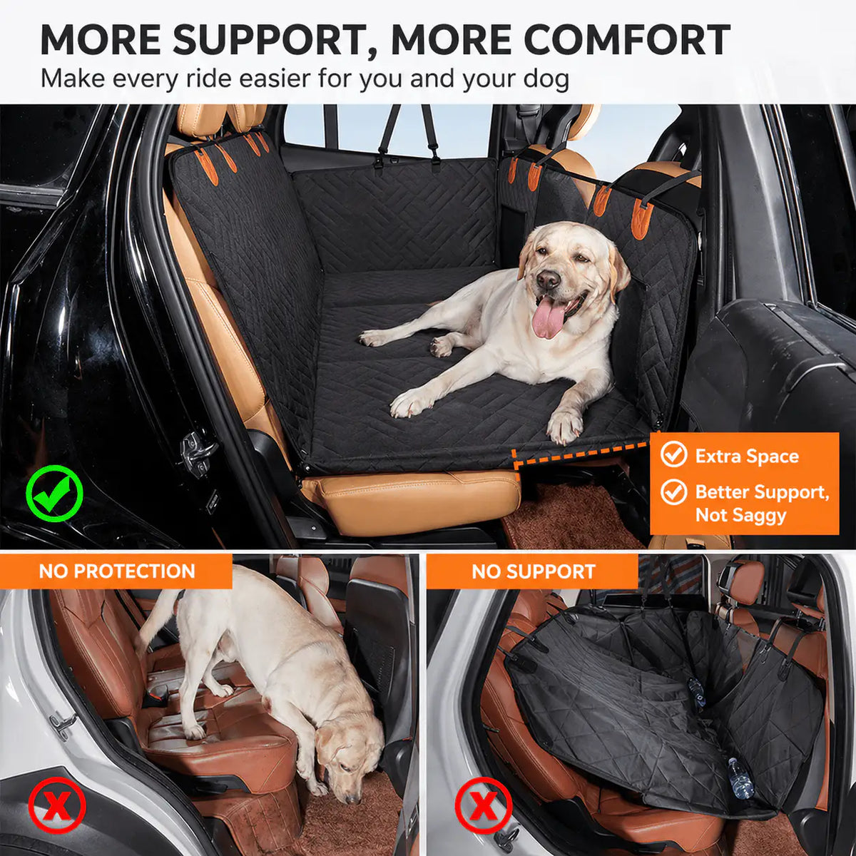 A comparison of a dog slipping into the footwell without a support platform and lying flat on the Noblias hard bottom extender.