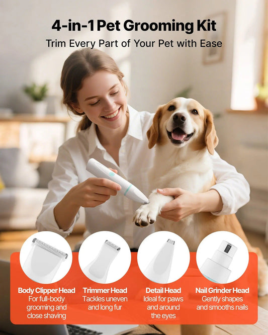 Woman trimming a golden retriever's paw with the Noblias cordless dog clippers, with the four grooming heads for body, trimming, detail and nails shown below.
