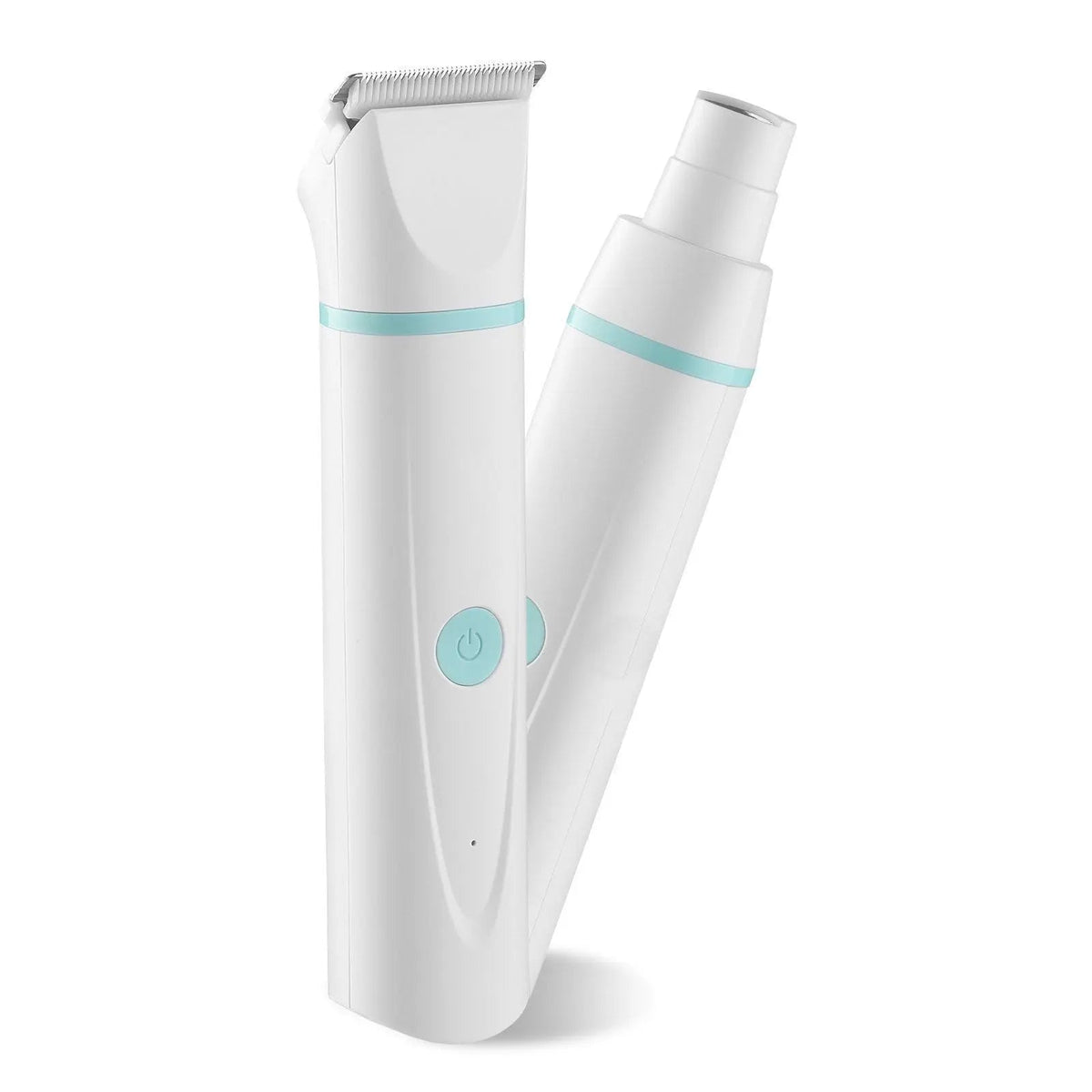 The Noblias cordless dog clipper body standing beside the slim detail trimmer on a white background.