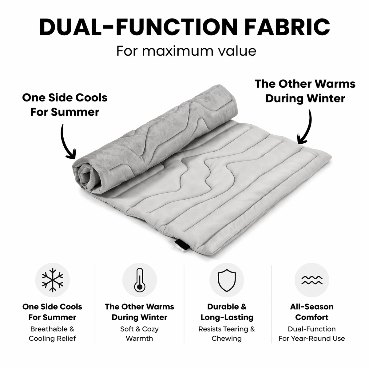 The Noblias mat rolled to show both faces: one side cools in summer, the velvet side warms in winter.