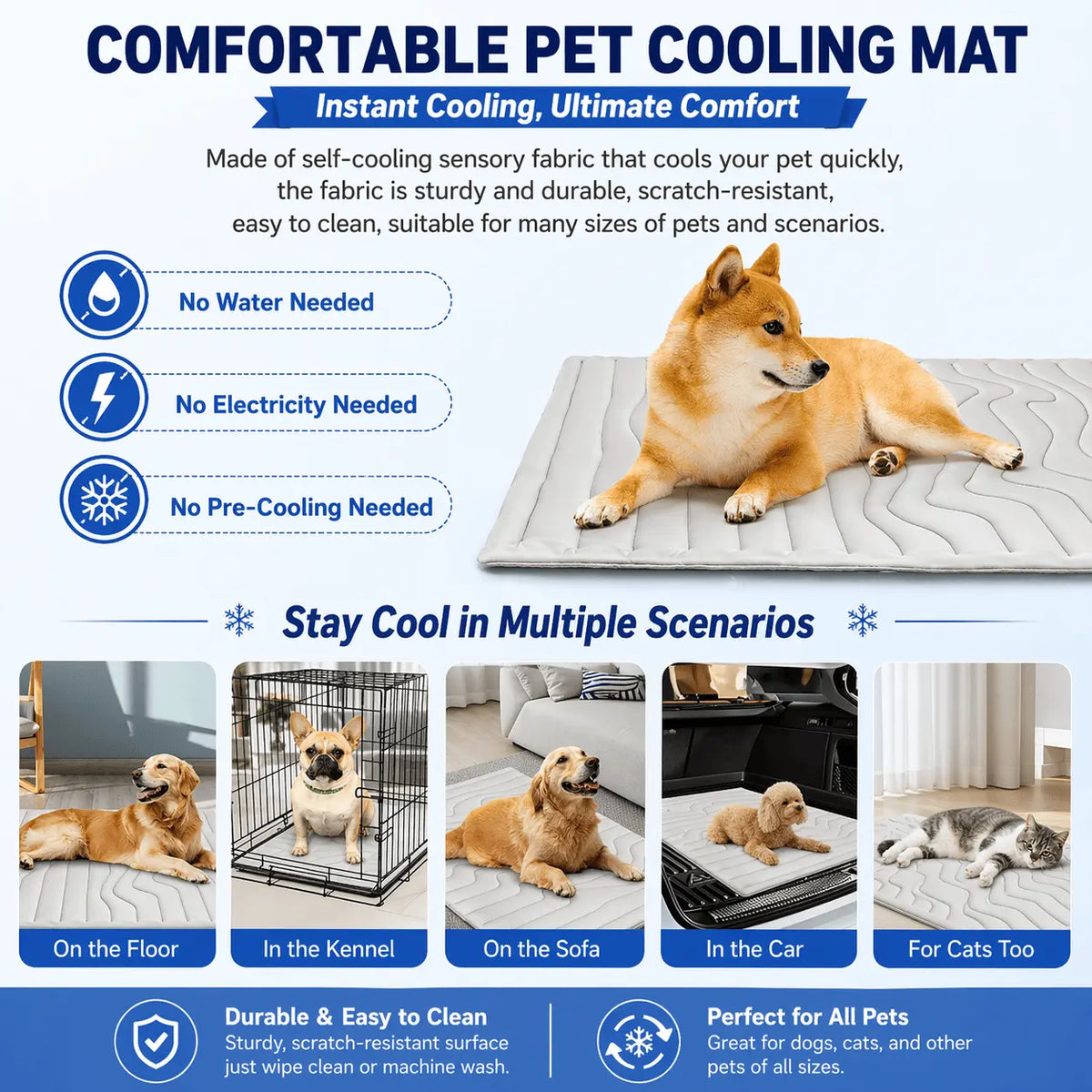 The Noblias cooling mat used on the floor, in a kennel, on the sofa, in the car and by a cat, with no water or power needed.