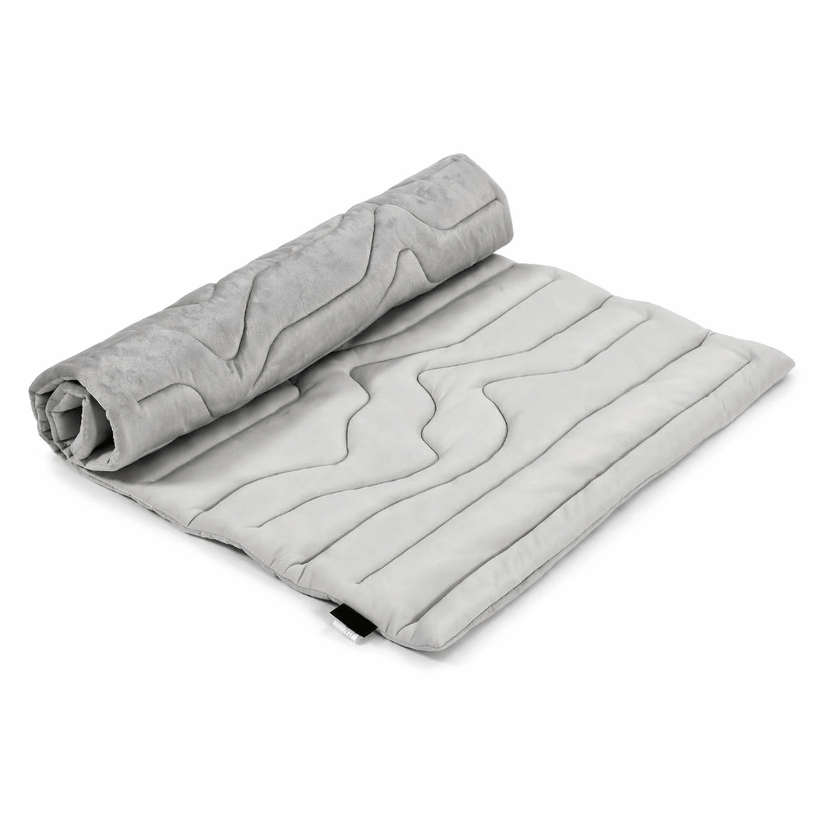 Gray Noblias self cooling dog mat, part rolled to show the quilted cooling face.