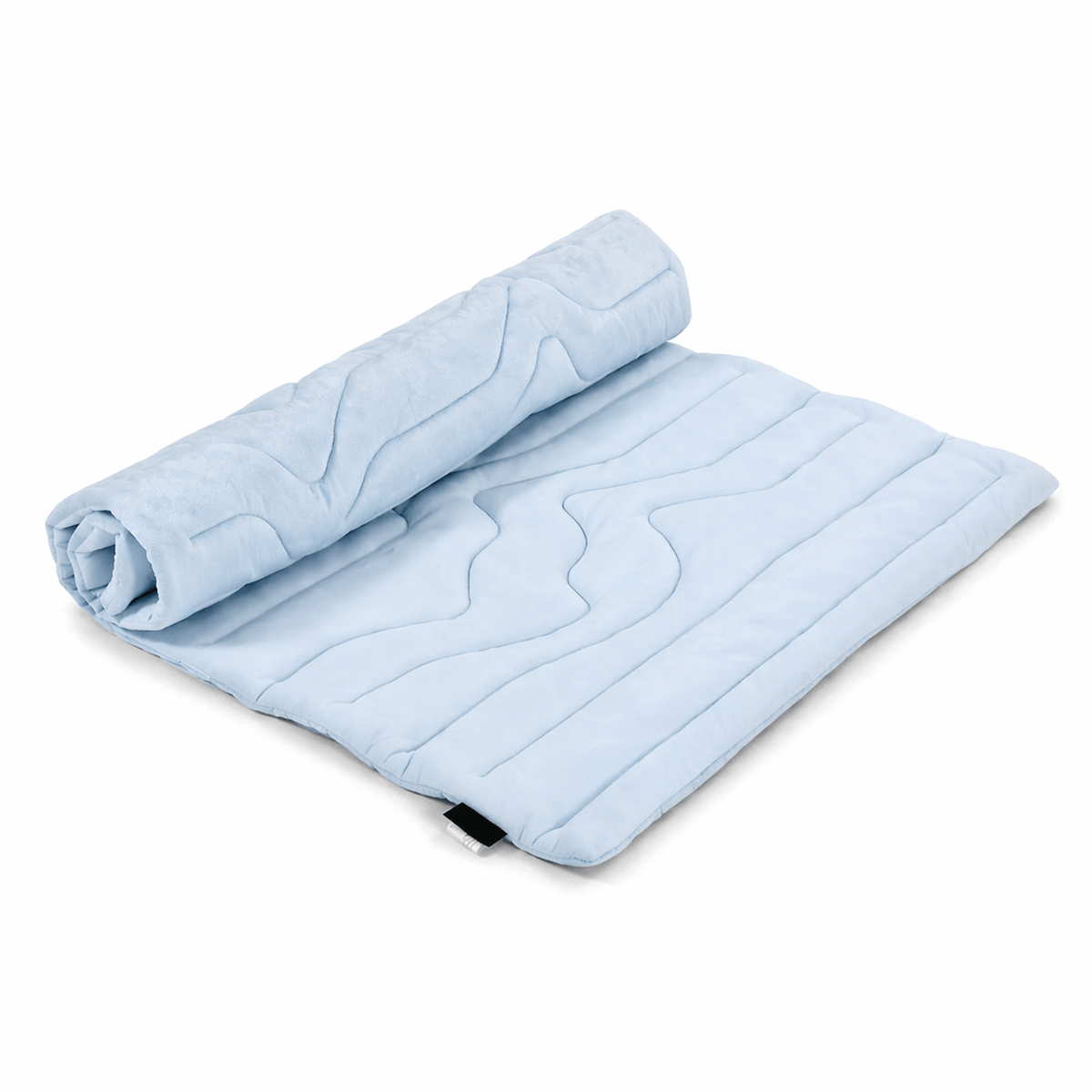 Light blue Noblias self cooling dog mat, part rolled to show the quilted cooling face.