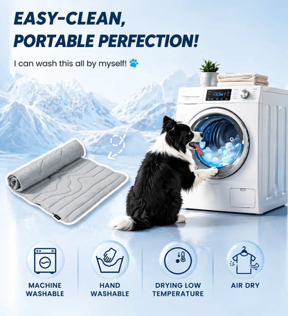 The rolled Noblias cooling mat beside a washing machine with its cold wash and low tumble dry care icons.