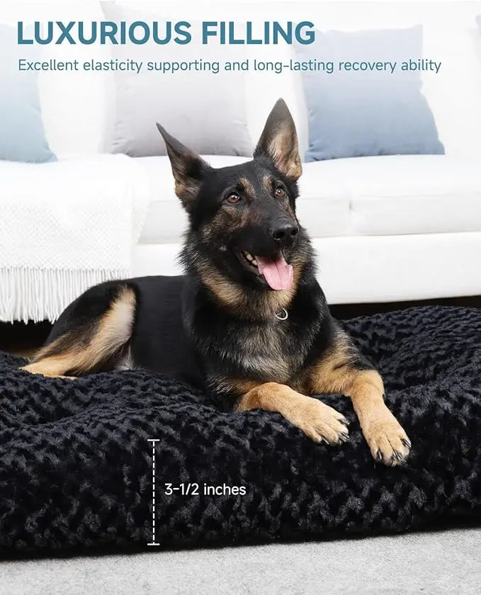 A german shepherd on the black Noblias crate mat, labeled for its high loft filling and three and a half inch depth.