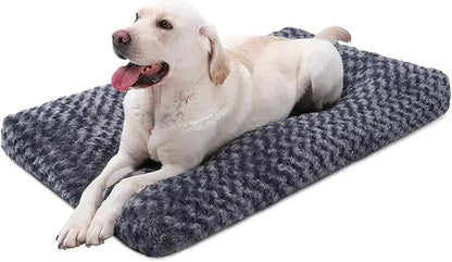 A golden retriever resting on the gray Noblias plush dog crate mat.