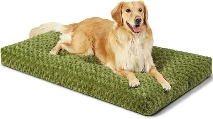 A golden retriever lying on the green Noblias plush dog crate mat.