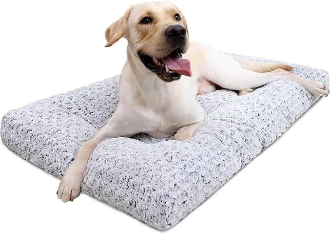 A golden retriever lying on the light gray Noblias plush dog crate mat.