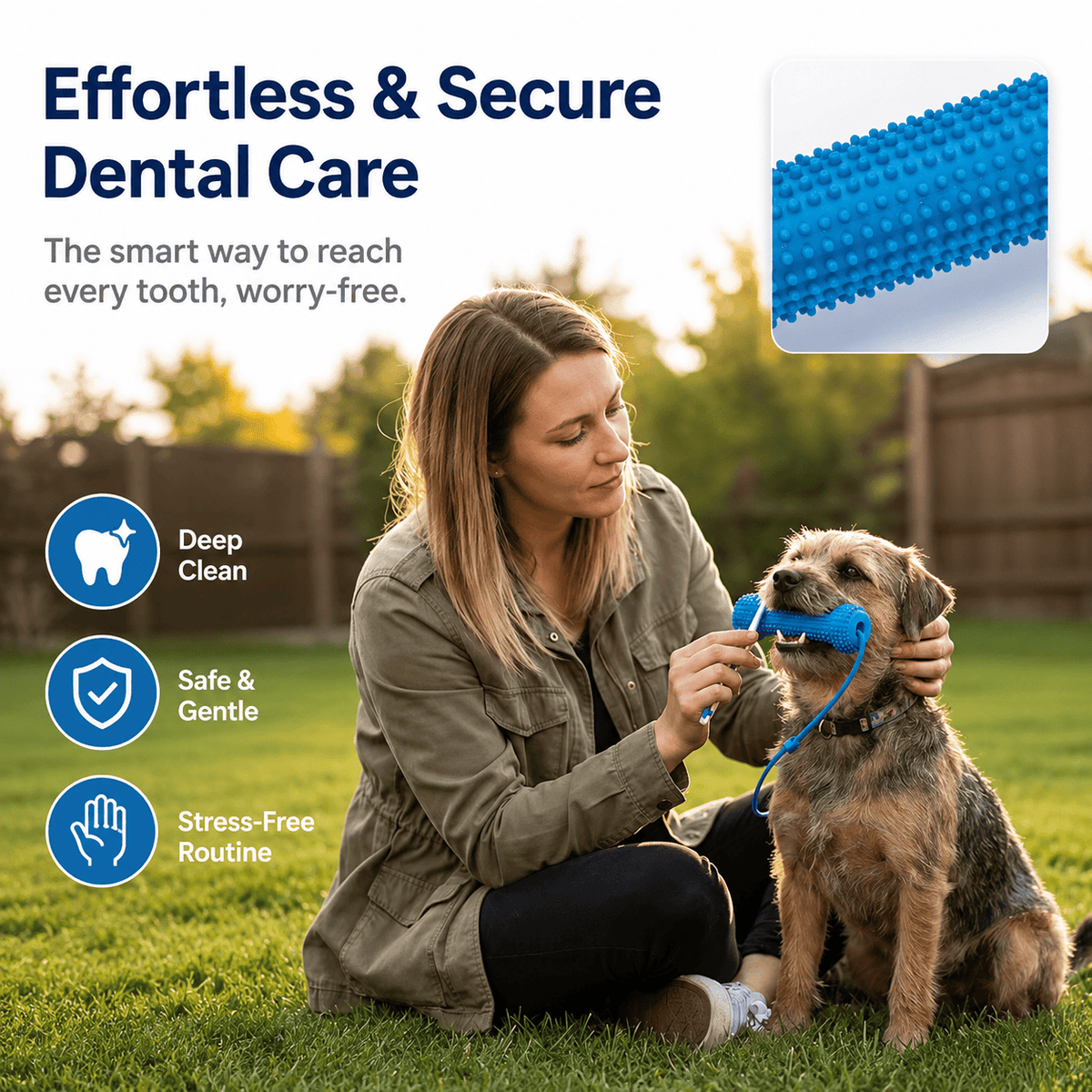 Owner holding the rope of the Noblias dog dental chew toy while a small terrier chews, showing an easy hands free way to clean a dog's teeth.