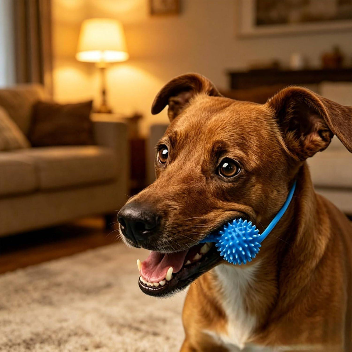 Brown dog indoors holding the blue Noblias dog dental chew toy by its rope handle.