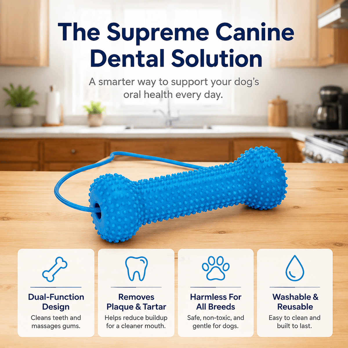 Noblias dog dental chew toy on a kitchen counter, with raised rubber nubs that help reduce plaque and tartar while massaging the gums.