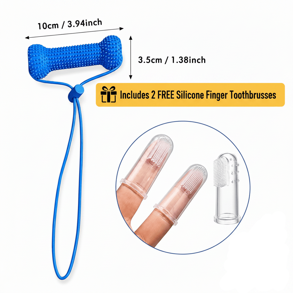 Noblias dog dental chew toy measuring 10 cm by 3.5 cm, shown with the two free silicone finger toothbrushes included in the pack.