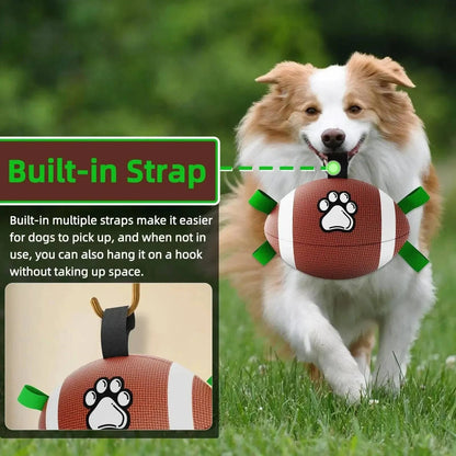 A border collie carrying the Noblias dog football by one of its built-in nylon straps, which also let it hang on a hook.
