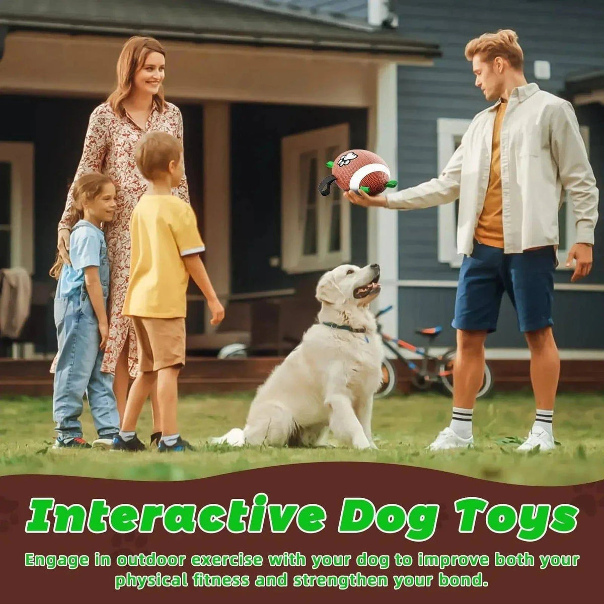 A family playing fetch on a lawn with a labrador and the Noblias dog football toy.
