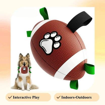 The Noblias dog football toy shown with a collie, labeled for interactive play indoors and outdoors.