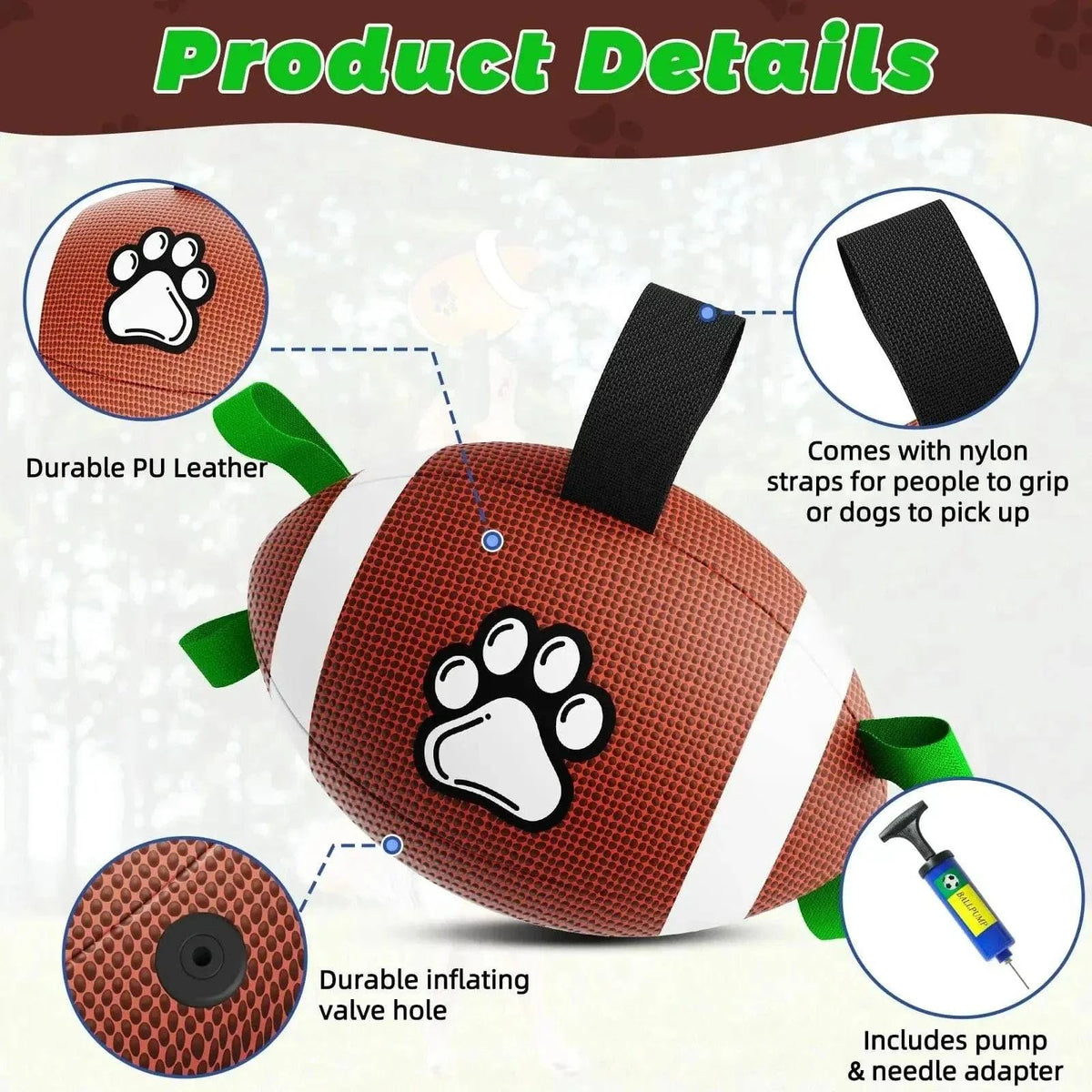Detail panel for the Noblias dog football showing its PU leather cover, nylon grip straps, inflating valve and the pump and needle adapter included.