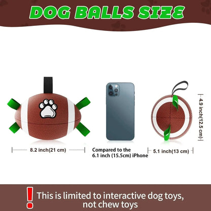 Size diagram for the Noblias dog football giving 8.2 by 5.1 inches, compared against a phone, with a note that it is an interactive toy and not a chew toy.