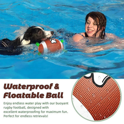 A dog swimming after the Noblias football toy in a pool, shown as waterproof and buoyant.