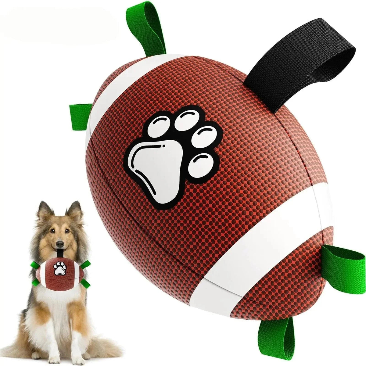 The brown Noblias dog football toy with green nylon grip straps, shown beside a border collie.