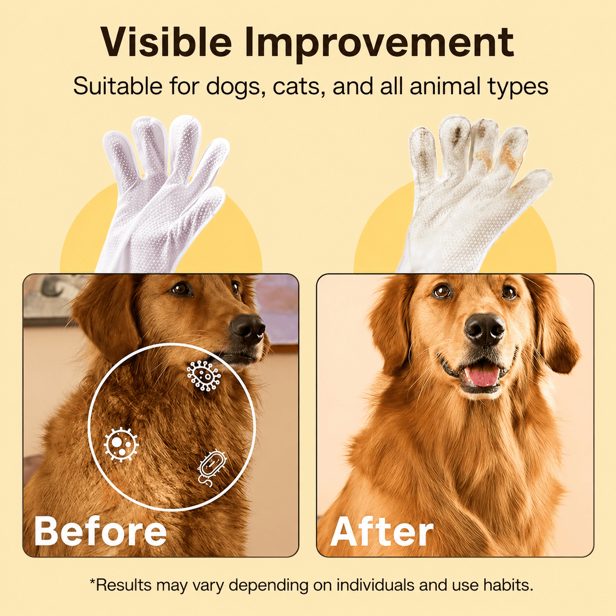 Before and after panels showing a dog's coat cleaned with the Noblias grooming glove wipes, suitable for dogs and cats.
