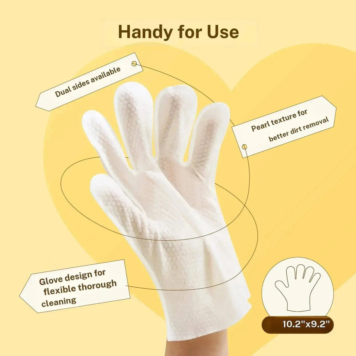The glove shape of the Noblias grooming wipes shown flat, measuring 10.2 by 9.2 inches with both faces usable.