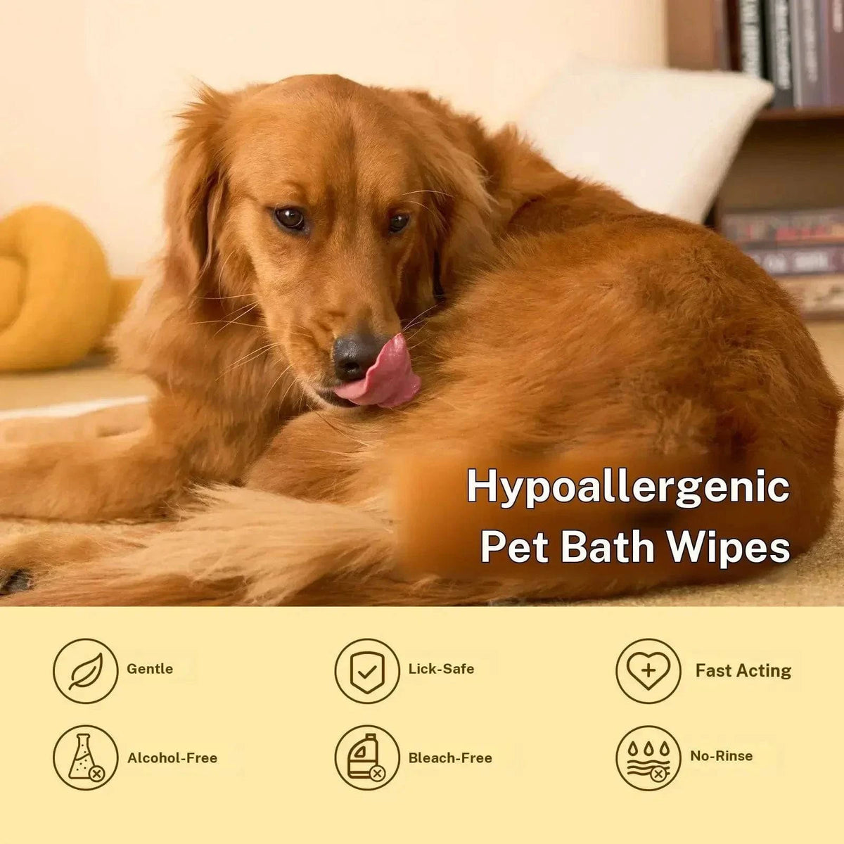 A golden retriever resting beside the Noblias glove wipes, labeled hypoallergenic, lick safe, alcohol free, bleach free and no rinse.