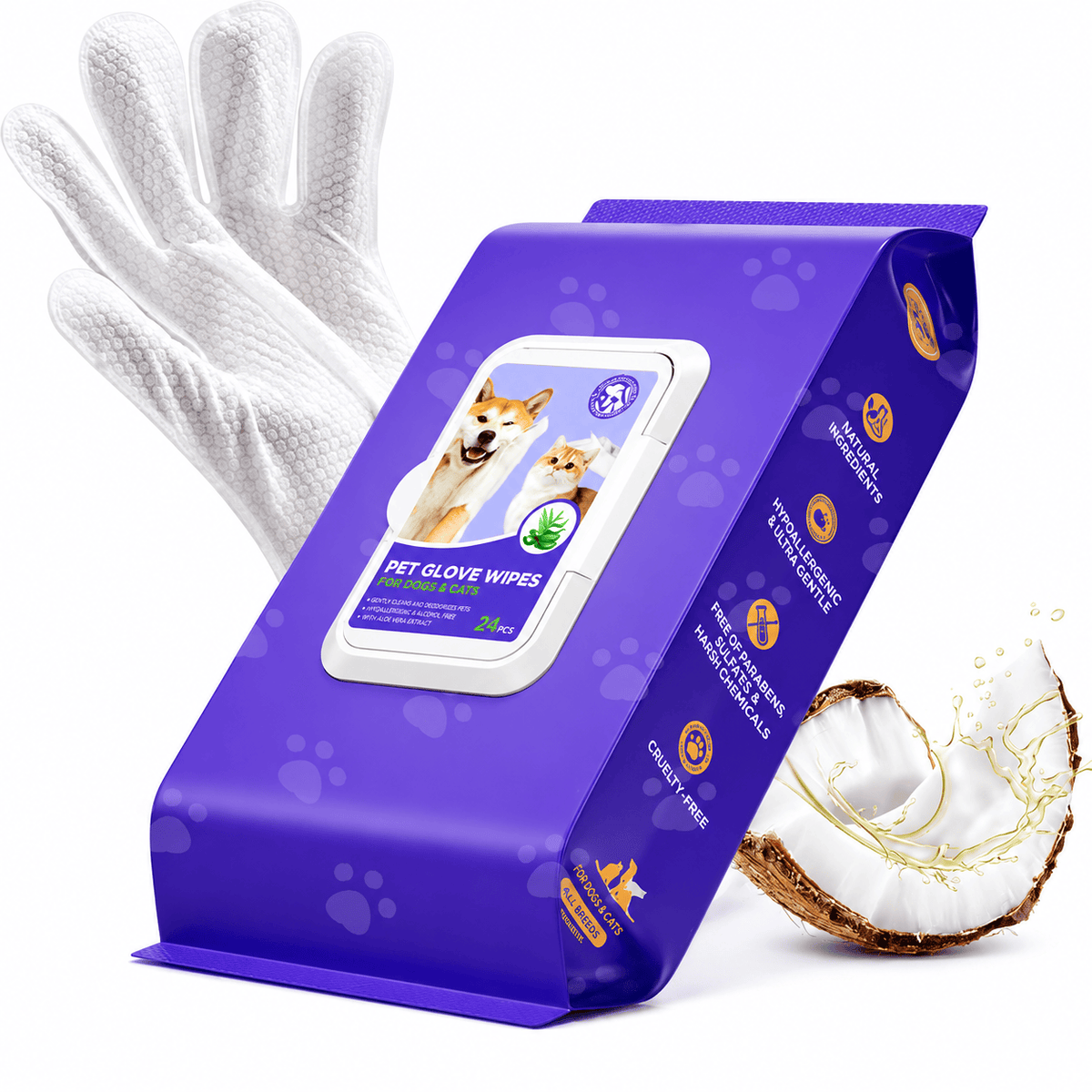 The purple Noblias grooming glove wipes pack shown with a single glove wipe and a halved coconut.