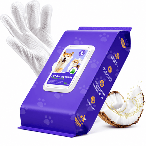 The purple Noblias grooming glove wipes pack shown with a single glove wipe and a halved coconut.