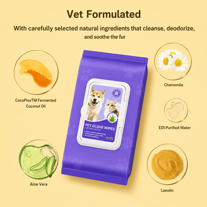 The vet formulated ingredients in the Noblias glove wipes, including fermented coconut oil, aloe vera and chamomile.