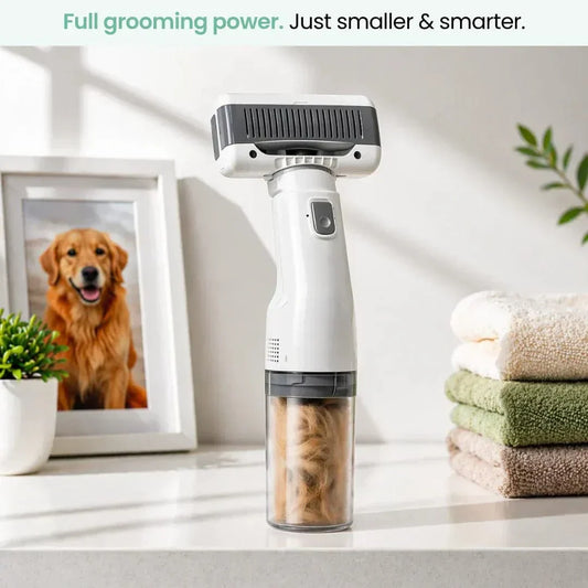 The white Noblias pet grooming vacuum standing on a shelf with fur visible in its clear collection chamber.