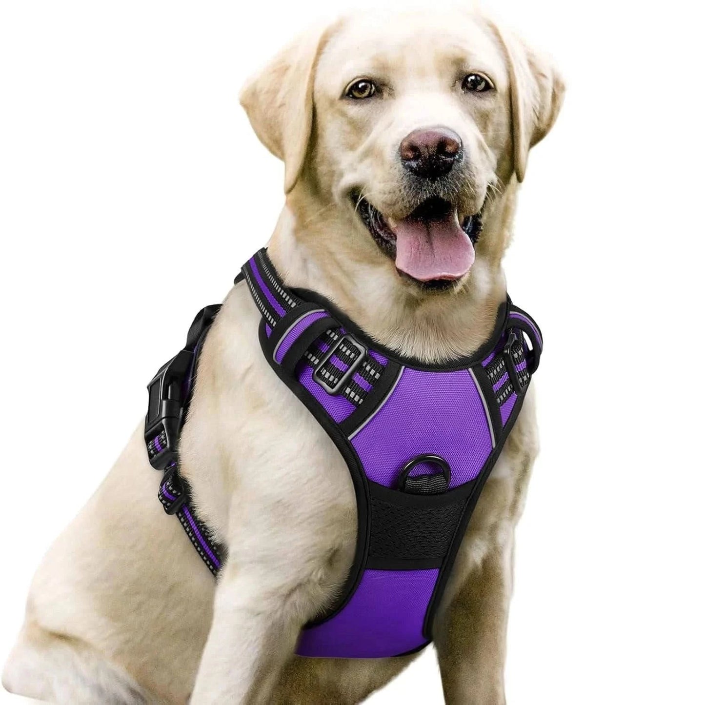 Noblias no-pull dog harness with front clip, adjustable reflective vest, handle, black, for secure and comfortable dog walking.
